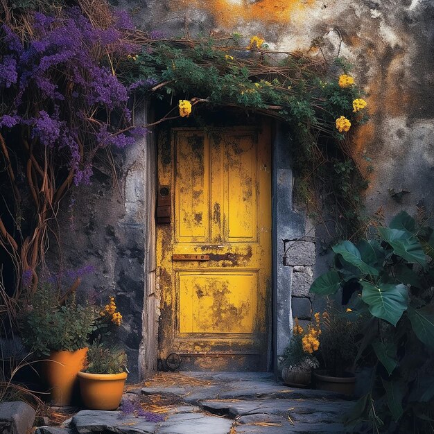 A yellow door with a yellow door that says " hibiscus ".