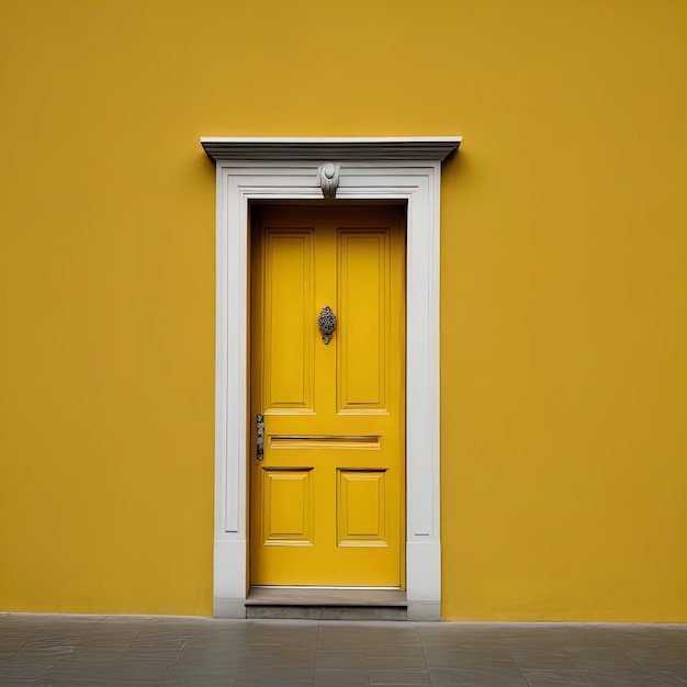 노란색으로 칠한 벽이 있는 노란색 문은 집에 있는 고품질의 노란색 문입니다.