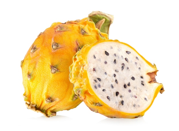 Yellow dragon fruit (pitaya, pitahaya) isolated on white background