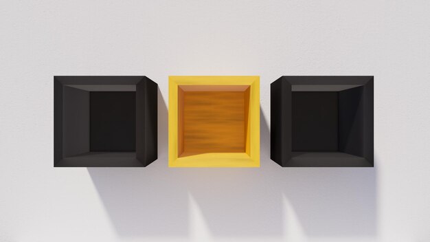 Yellow drawer and two black drawers on white wall 3d rendering