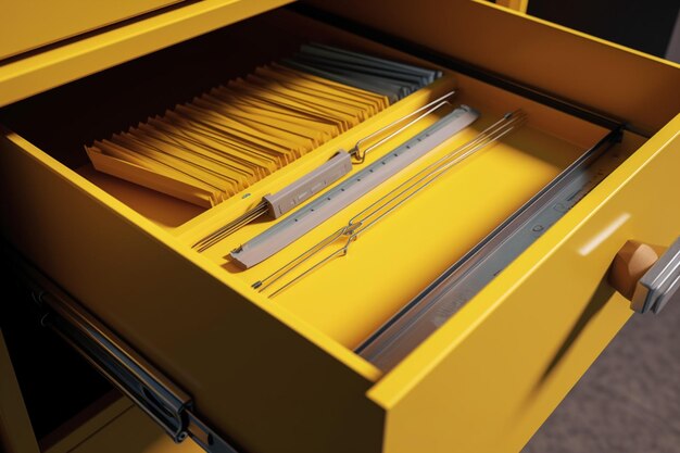 Photo a yellow drawer with a number of knives in it