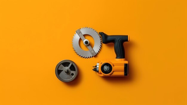 A yellow drill, a drill, and a screwdriver are on a yellow background.