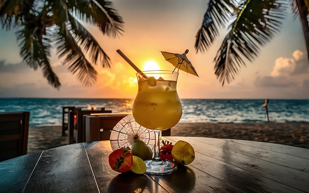 A yellow drink cocktail half finished on a table at an outdoor bar on a beach in sri lanka