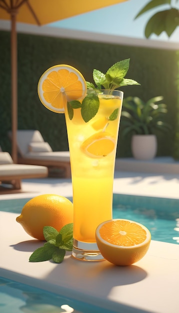 Yellow drink with orangelemon and mint leaves by the pool