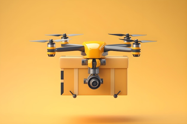 A yellow drone with a box on it