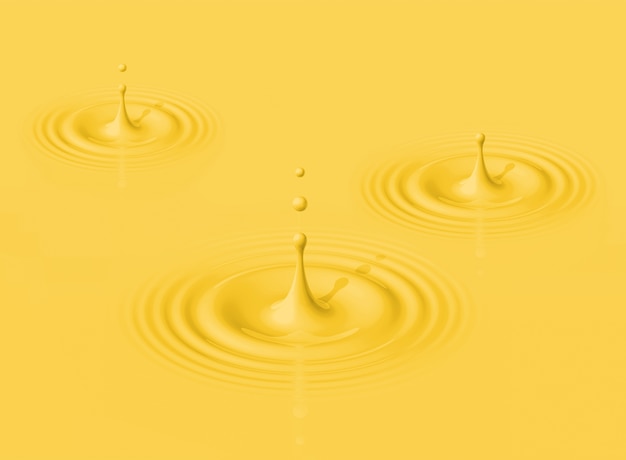 Yellow drops of banana milk splashing and making ripple. 3D rendering