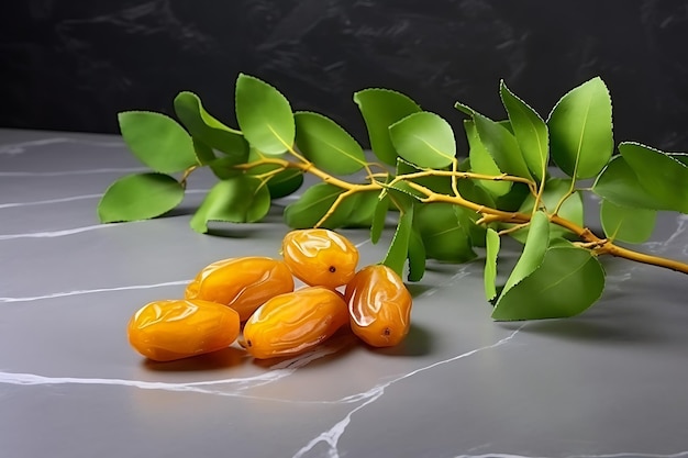 Yellow dry dates isolated on concrete around green leaves