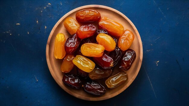 Yellow dry dates on a wooden platter