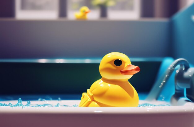 Yellow duck toy in bath Cute bright waterfowl in bathroom Generative AI