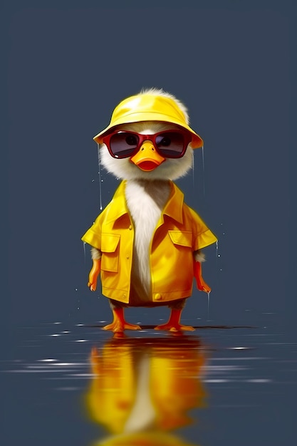 Yellow duck wearing sunglasses and yellow raincoat is standing on reflective surface Generative AI