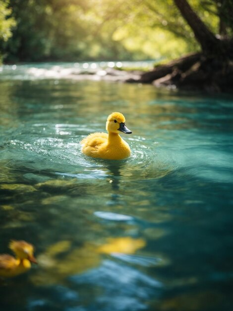 Photo yellow duckling swimming in bright