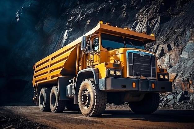 Photo a yellow dump truck is parked in front of a mountain