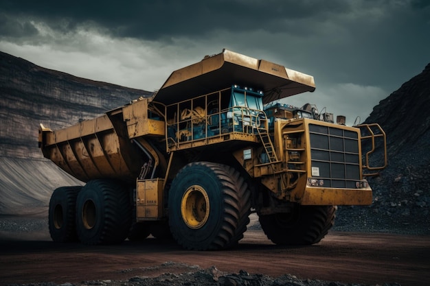 Yellow dump truck parked in a dirt field Generative AI