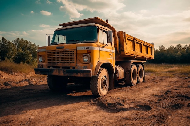 A yellow dump truck sits on a dirt road.