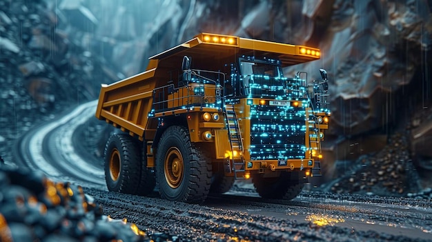 Photo a yellow dump truck with blue lights on the back and the words  dump  on the bottom