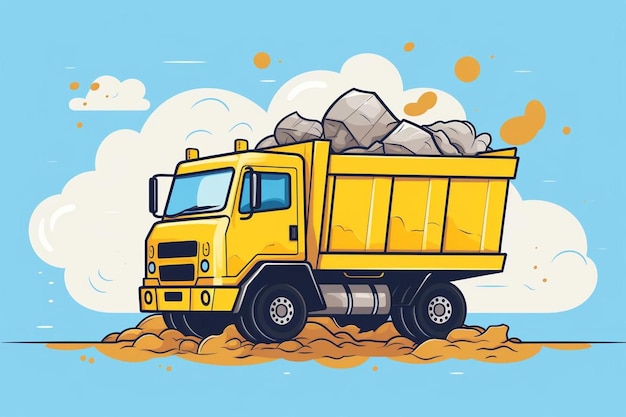 Photo a yellow dump truck with a large pile of rocks in the background