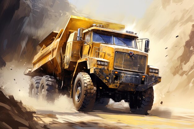 a yellow dump truck with the word  excavator  on the side