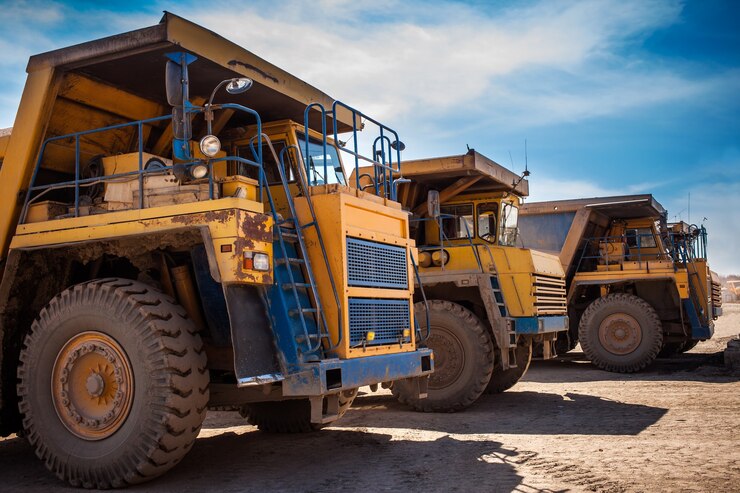 Photo yellow dump trucks ready to work