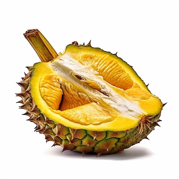 A yellow durian fruit with the bottom cut open.