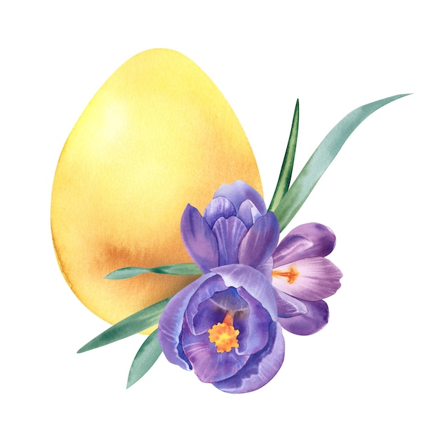 A yellow Easter egg with flowers of crocuses daffodils and snowdrops Watercolor illustration on a white background Handpainted A quail egg