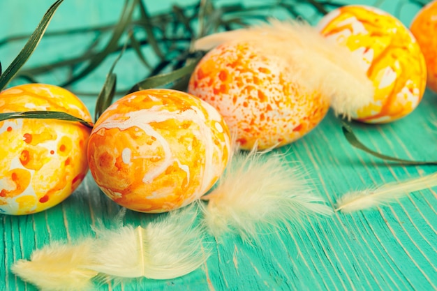 Yellow Easter Eggs On Wooden 