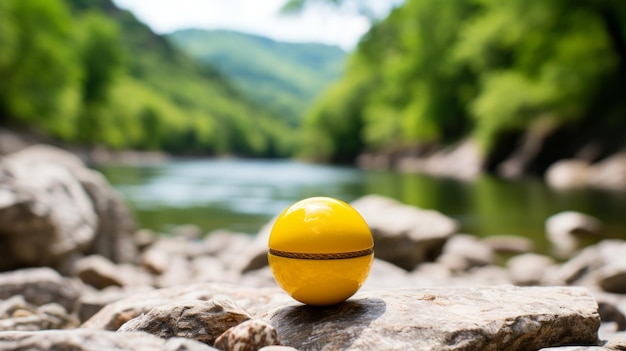 a yellow egg sitting on top of a rock by a river