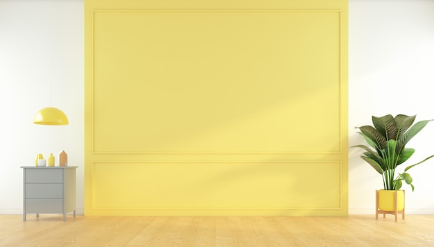 Yellow empty room with yellow wall and side table, wood floor, green plants. 3d rendering