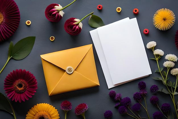 A yellow envelope with a card that says " envelope " and flowers.