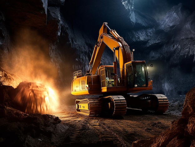 A yellow excavator in a dark cave with a fire in the background.