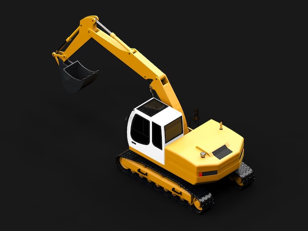 yellow excavator on a dark gray background.