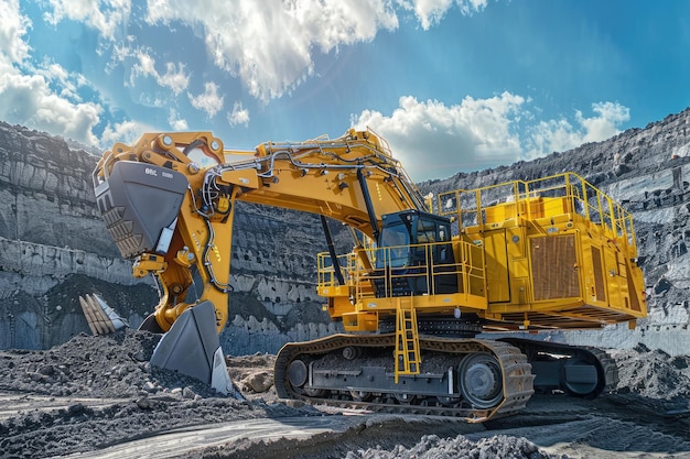 Yellow excavator digging soil at quarry construction site