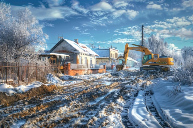 Yellow excavator digging at winter construction site near new house