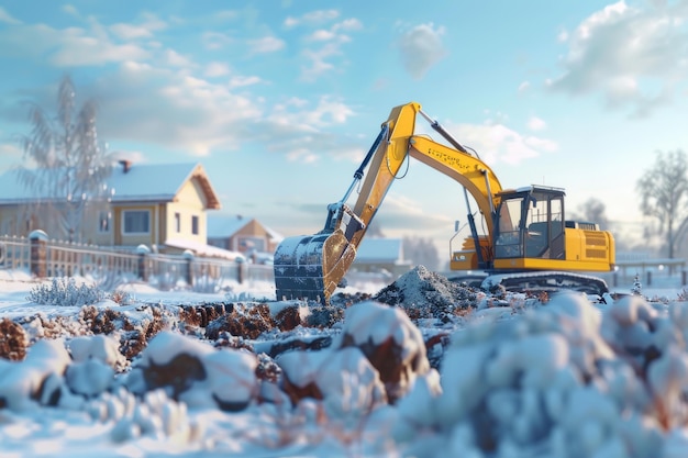 Yellow excavator digging at winter construction site near new house