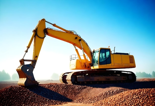 Yellow excavator on a gravel surface with a clear blue sky in the background