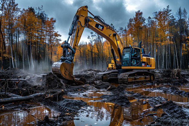 Photo a yellow excavator is in a muddy area with trees in the background and a puddle of water intricate