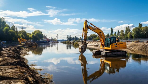 a yellow excavator is in the water and is being used to use it