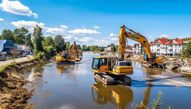 Photo a yellow excavator is in the water and is being used to work in the river