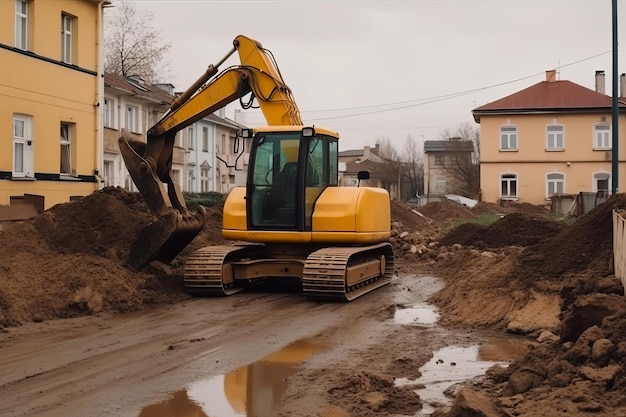 Yellow excavator removes soil Generate Ai