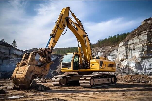 a yellow excavator sitting on top of a pile of dirt