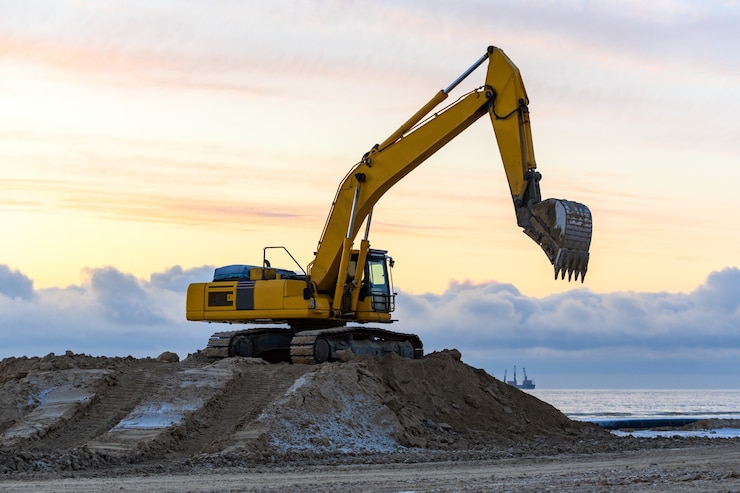 Photo yellow excavator working on construction site. the road construction.