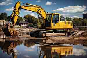 Photo yellow excavator working on a construction site with reflection in water