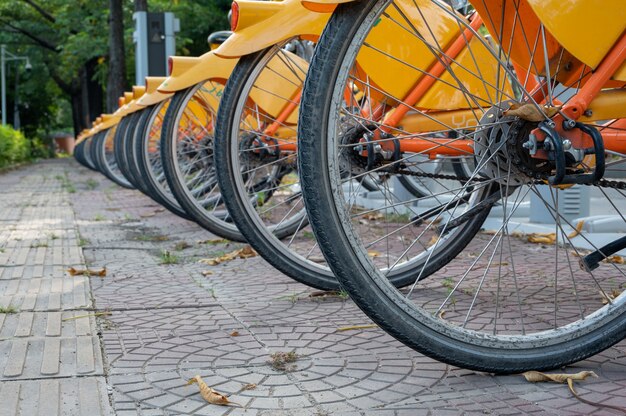 The Yellow exercise bicycles on the street are arranged neatly