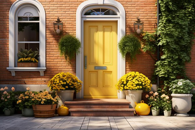 yellow exterior door of brick house with flowers and pots in the garden Generated AI