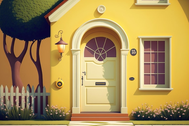 Yellow exterior paint and a white front door