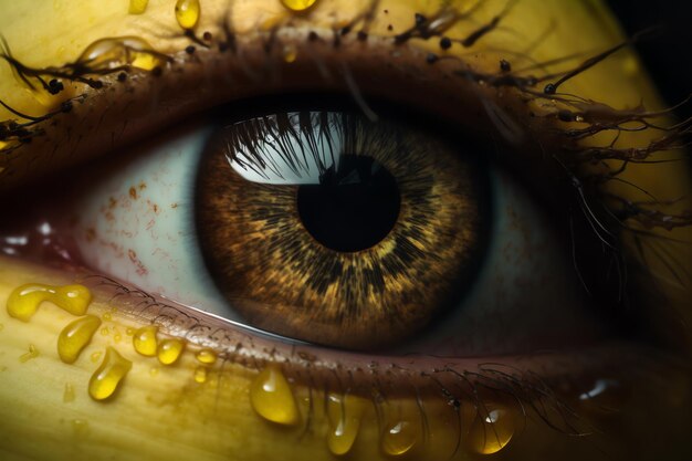 A yellow eye with water drops on it