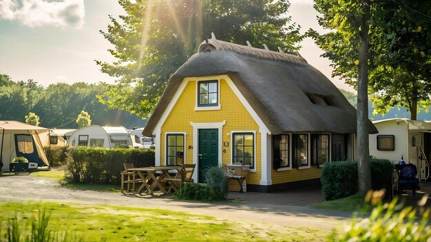 Yellow facade of a small house at the camping de nolle vlissingen in the netherlands