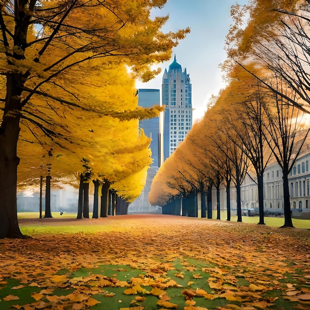 Foto le foglie gialle cadute volano nella scena idilliaca del parco autunnale nel pomeriggio in un parco vuoto