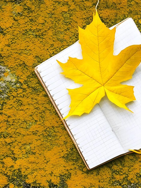 Yellow fallen maple leaf lies on a notepad ai generated