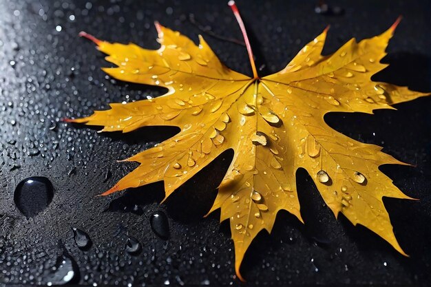 Yellow fallen maple leaf at night autumn rainy weather background of raindrops generated by ai