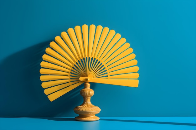 A yellow fan with a yellow cap sits on a blue table